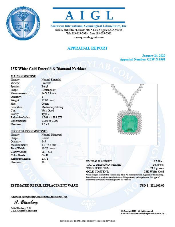 18k Gold 17.00ct Emerald 10.70ct Diamond Necklace