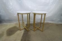 Pair Synthetic Marble Top Tables With Metal Bases