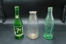 Milk Jar, Coke Bottle & 7UP Bottle