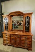 Oak Dresser with Mirror & Leaded Glass Panels