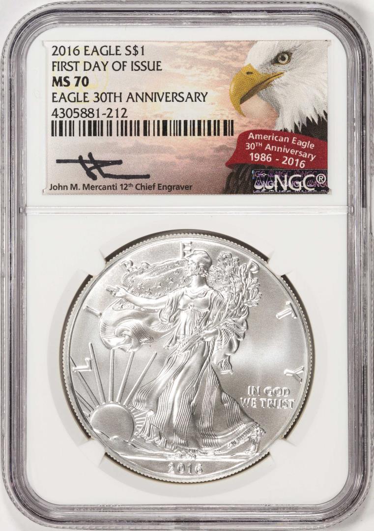 2016 $1 American Silver Eagle Coin NGC MS70 FDOI Mercanti Signature 30th Anniversary