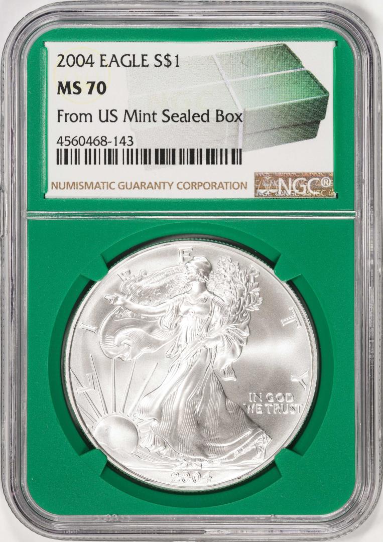 2004 $1 American Silver Eagle Coin NGC MS70 From US Mint Sealed Box Green Core