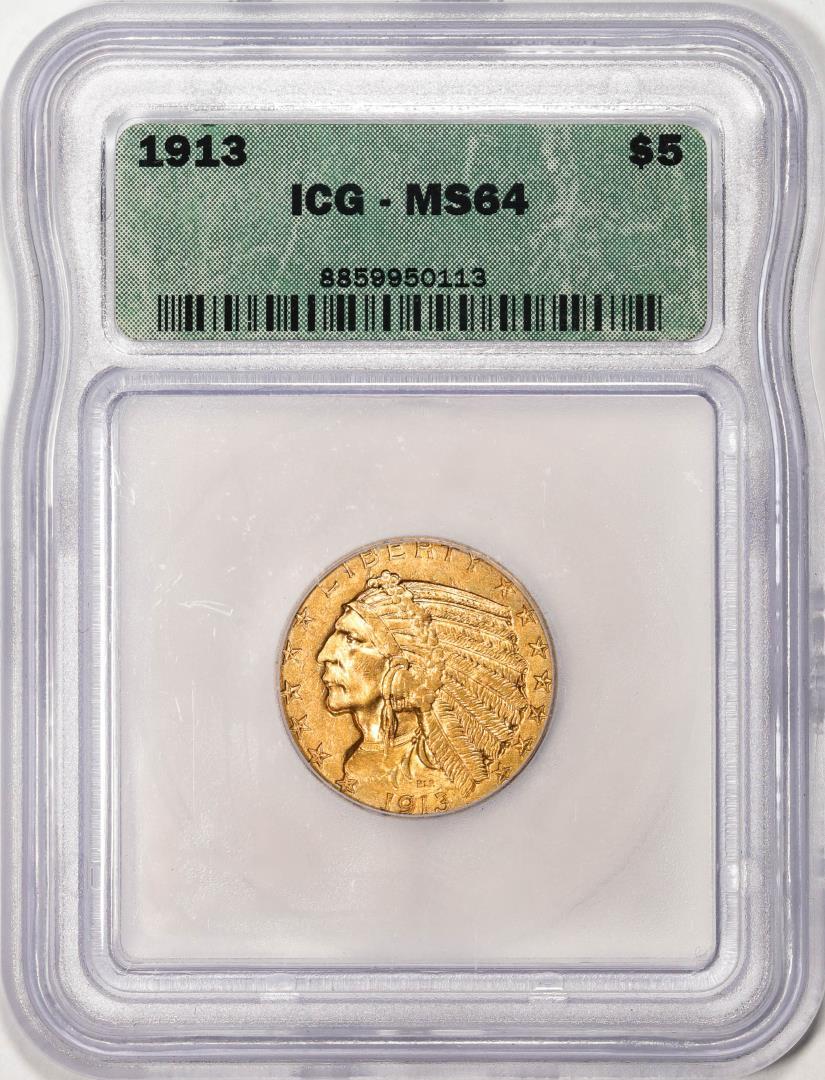 1913 $5 Indian Head Half Eagle Gold Coin ICG MS64