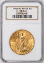 1908 No Motto $20 St. Gaudens Double Eagle Gold Coin NGC MS64