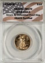 1999-W $10 American Gold Eagle Coin ANACS MS70 Unfinished Proof Dies