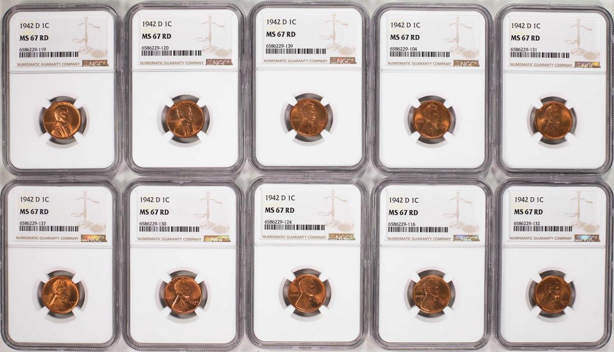 Lot of (10) 1942-D Lincoln Wheat Cent Coins NGC MS67RD