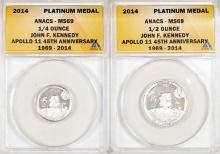 Set of 2014 Proof 1/4 oz & 1/2 oz Platinum JFK Apollo 11 Anniversary Medal ANACS MS69