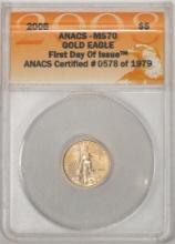 2008 $5 American Gold Eagle Coin ANACS MS70 First Day of Issue