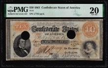 1861 $10 Confederate States of America Note T-24 PMG Very Fine 20 Hole Canceled