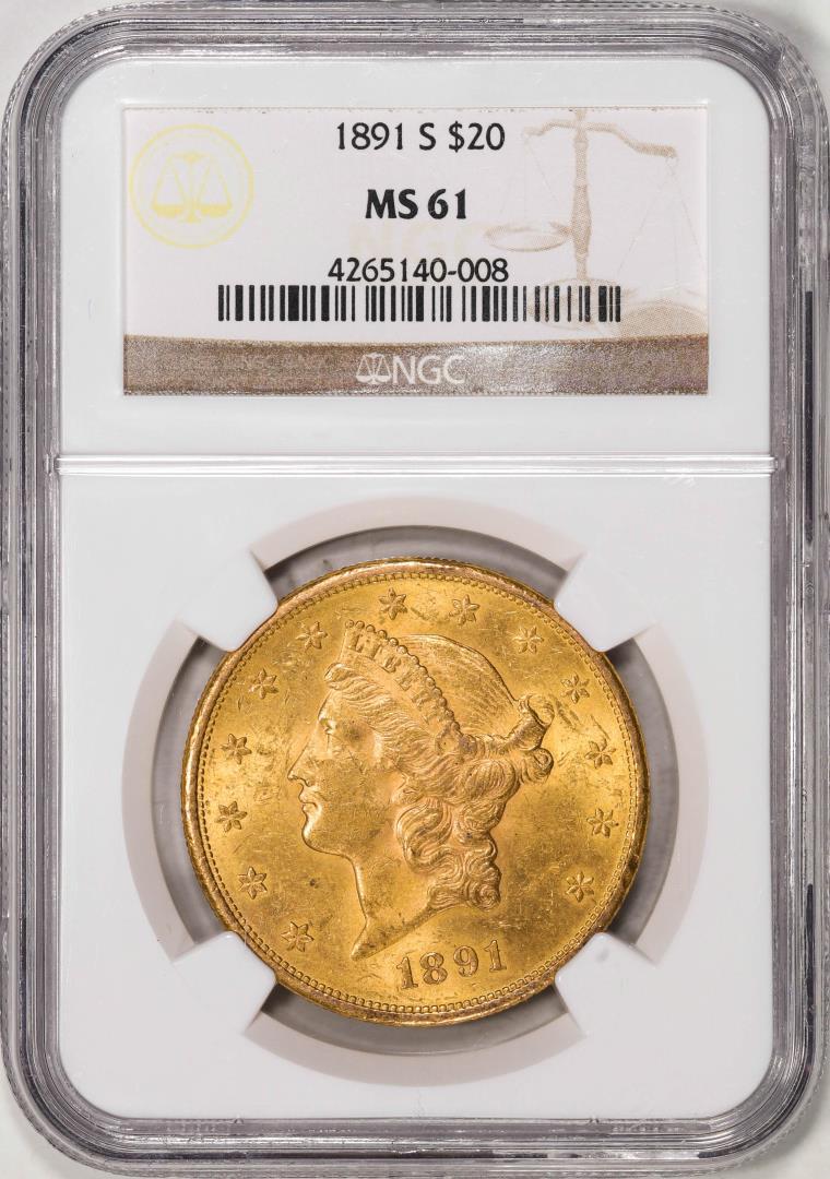 1891-S $20 Liberty Head Double Eagle Gold Coin NGC MS61