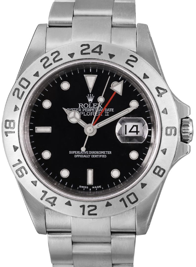 Rolex Mens Stainless Steel Black Dial Explorer II Wristwatch With Rolex Box