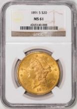 1891-S $20 Liberty Head Double Eagle Gold Coin NGC MS61