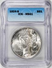 1924-S $1 Peace Silver Dollar Coin ICG MS61