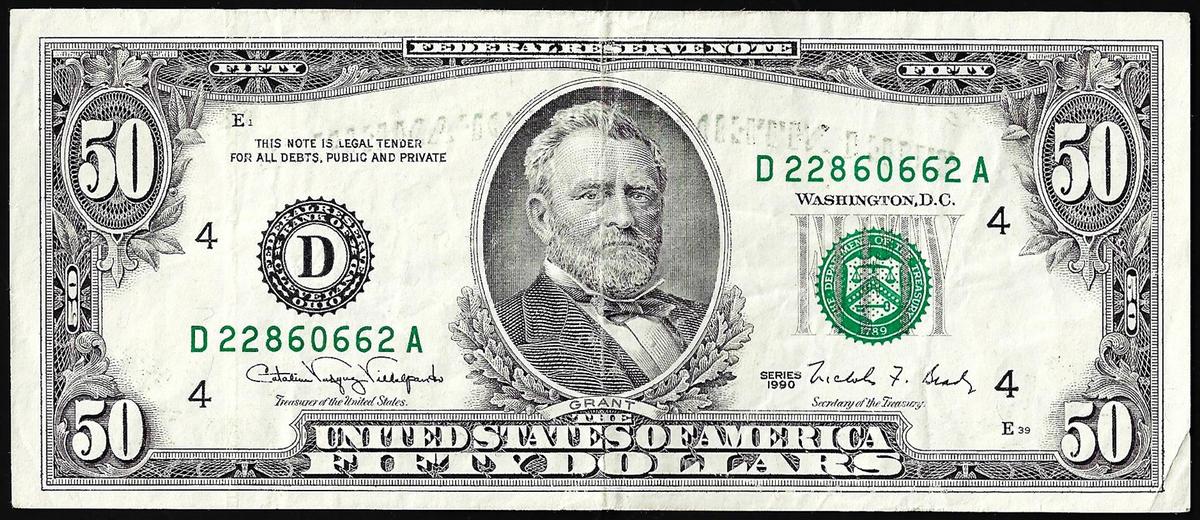 1990 $50 Federal Reserve Note Cleveland Minor Offset Error
