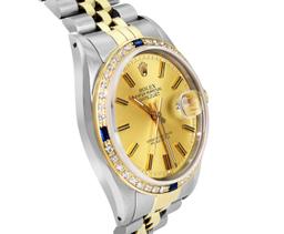Rolex Mens Two Tone Sapphire and Diamond Datejust Wristwatch With Rolex Box
