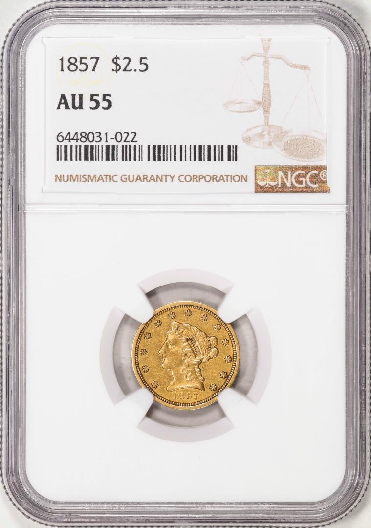 1857 $2 1/2 Liberty Head Quarter Eagle Gold Coin NGC AU55