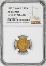 1843-D Small D $2 1/2 Liberty Head Quarter Eagle Gold Coin NGC AU Details