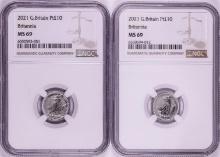Lot of (2) 2021 Great Britain 10 Pounds Britannia 1/10oz Platinum Coins NGC MS69