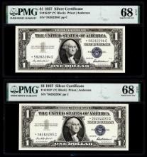 (2) Consecutive 1957 $1 Silver Certificate Star Notes Fr.1619* PMG Superb Gem Unc. 68EPQ