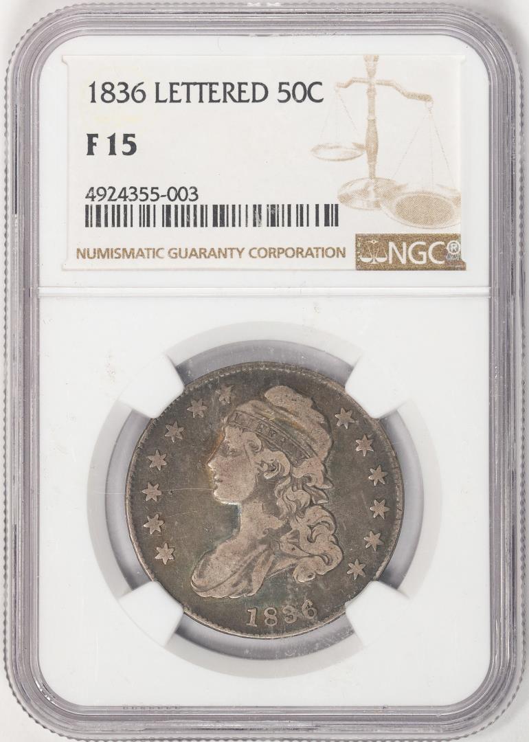 1836 Lettered Edge Capped Bust Half Dollar Coin NGC F15