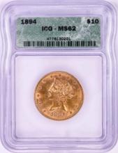 1894 $10 Liberty Head Eagle Gold Coin ICG MS62