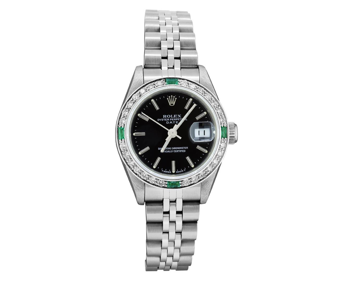 Rolex Ladies Stainless Steel Emerald and Diamond Date Wristwatch With Rolex Box