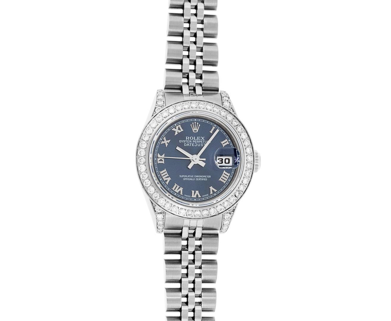 Rolex Ladies Stainless Steel Blue Roman Diamond Datejust Wristwatch