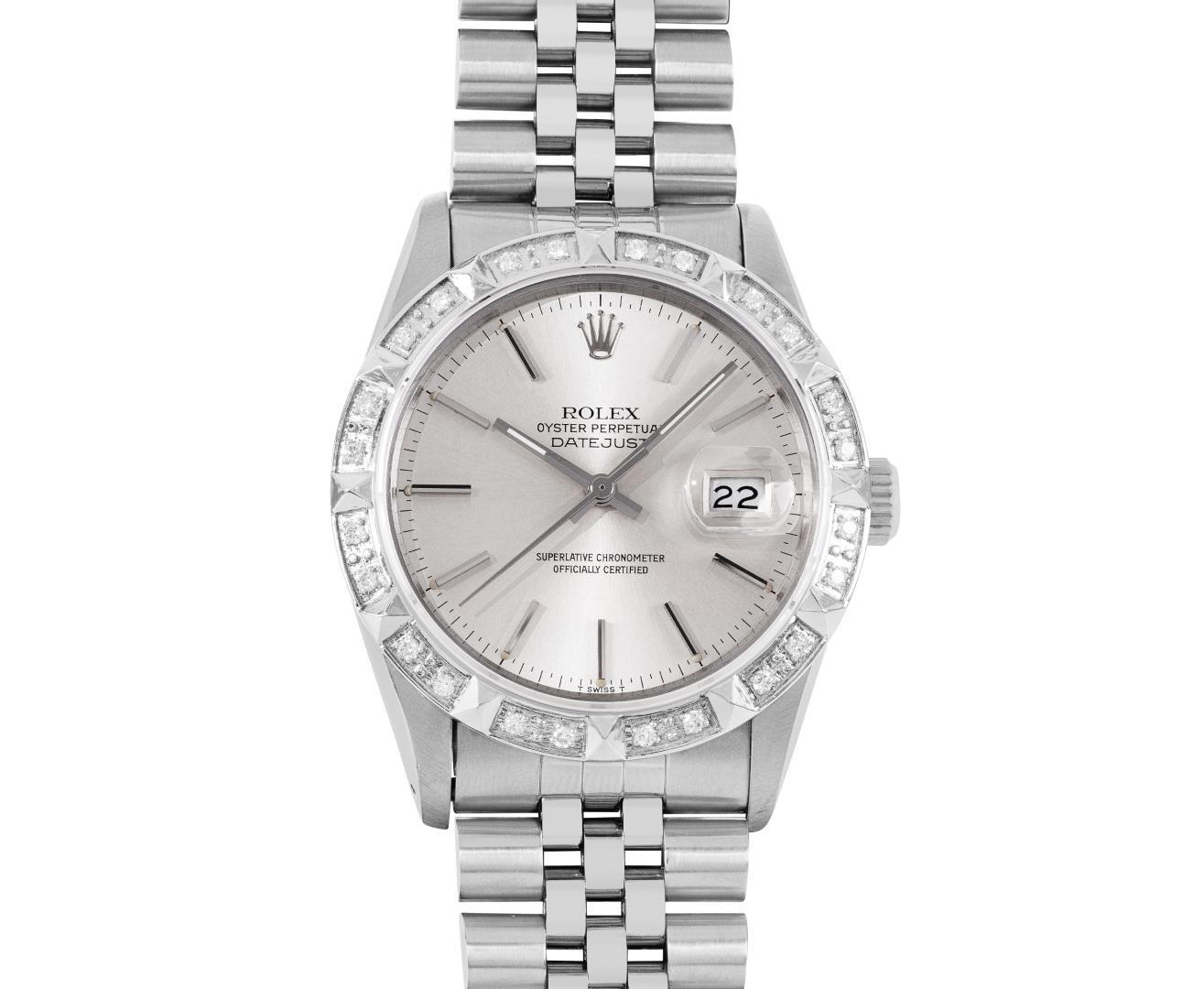Rolex Mens Stainless Steel Silver Index Diamond Datejust Wristwatch With Rolex Box