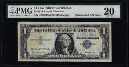 1957 $1 Silver Certificate Note Mismatched Serial Number Error Fr.1619 PMG Very Fine 20