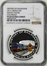 2011 Liberia $5 History of Railroads Indian Pacific Silver Coin NGC PF69 Ultra Cameo