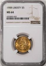 1908 $5 Liberty Head Half Eagle Gold Coin NGC MS64