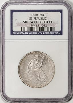 1858 SS Republic Seated Liberty Half Dollar Coin NGC Shipwreck Effect
