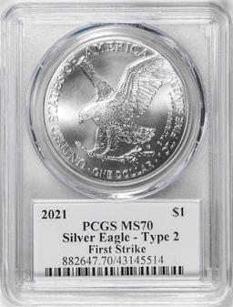 2021 Type 2 $1 American Silver Eagle Coin PCGS MS70 Damstra Signature First Strike