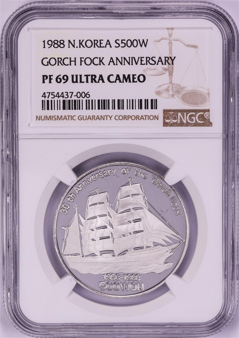 1988 N. Korea 500 Won Proof Gorch Fock Anniversary Silver Coin PF69 Ultra Cameo