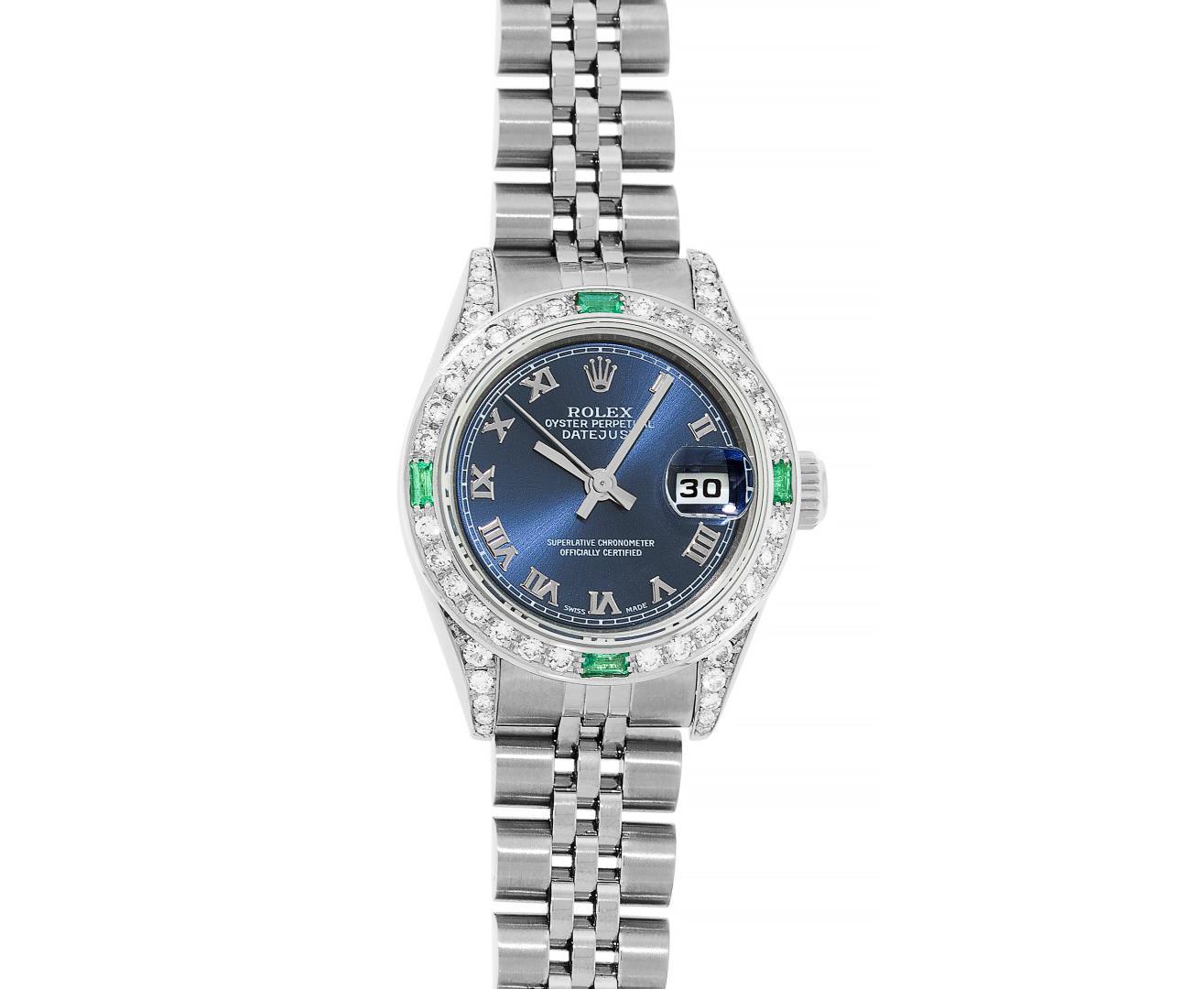 Rolex Ladies Stainless Steel Emerald and Diamond Datejust Wristwatch