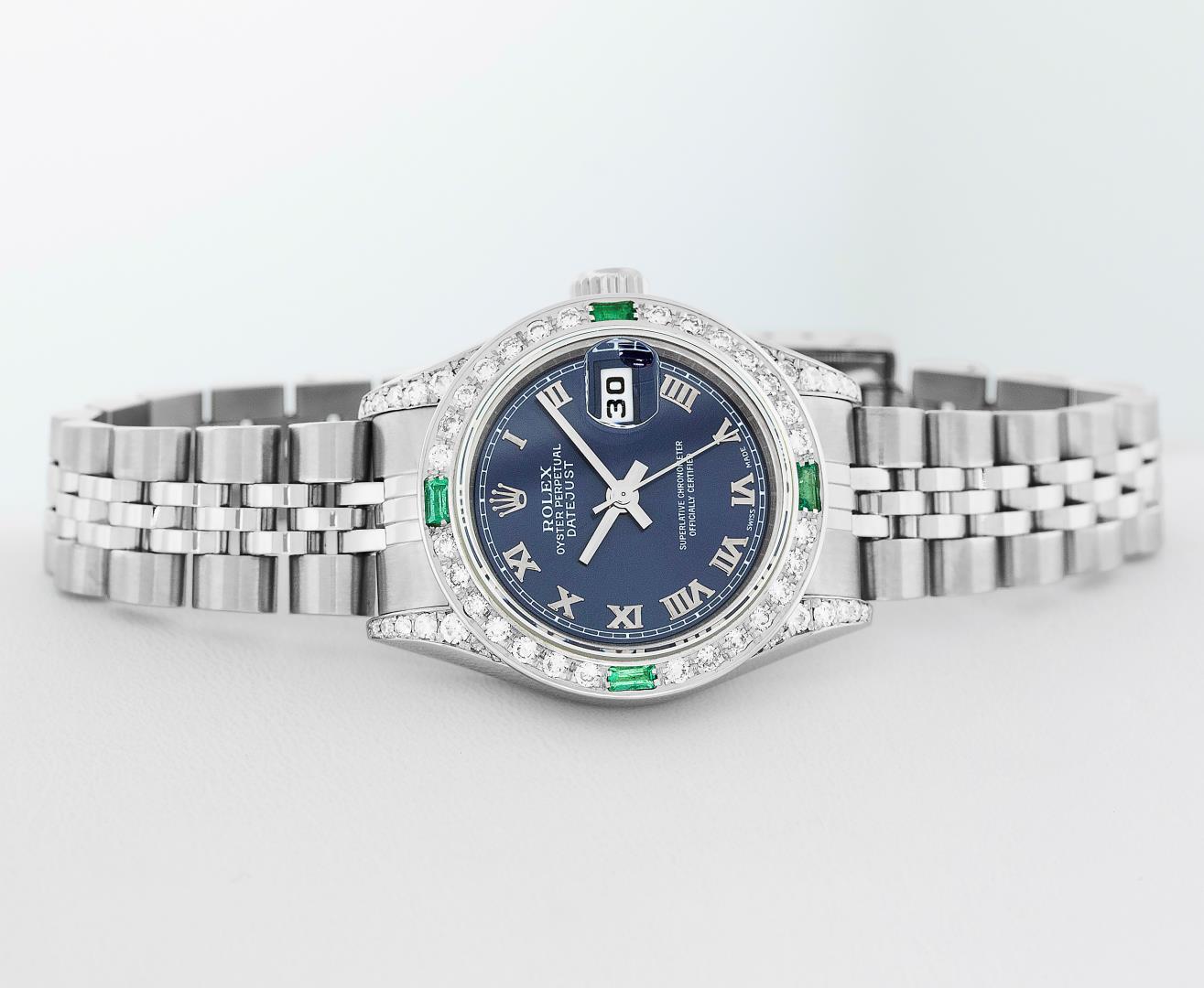 Rolex Ladies Stainless Steel Emerald and Diamond Datejust Wristwatch