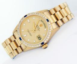 Rolex Men's 18K Yellow Gold Champagne Sapphire & Diamond Day Date President Wristwatch