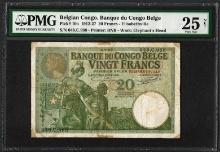 1912-27 Belgian Congo Banque du Congo Belge 20 Francs Bank Note PMG Very Fine 25 Net