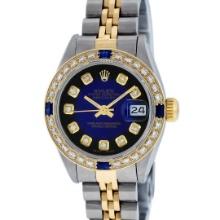 Rolex Ladies Two Tone Blue Vignette Diamond Quickset Datejust Wristwatch