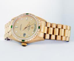 Rolex Men's 18K Yellow Gold Champagne Emerald & Diamond Day Date President Wristwatch
