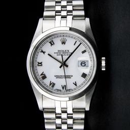 Rolex Men's Stainless Steel White Roman Datejust Wristwatch