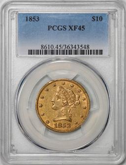 1853 $10 Liberty Head Eagle Gold Coin PCGS XF45