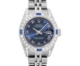 Rolex Ladies Stainless Steel Sapphire and Diamond Datejust Wristwatch