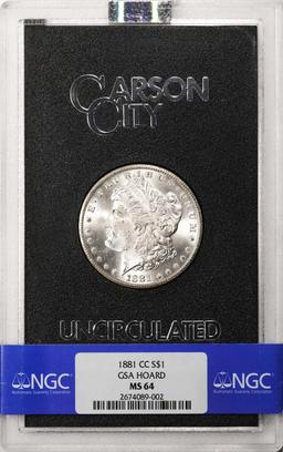 1881-CC $1 Morgan Silver Dollar Coin GSA Hoard Uncirculated NGC MS64 w/Box & COA
