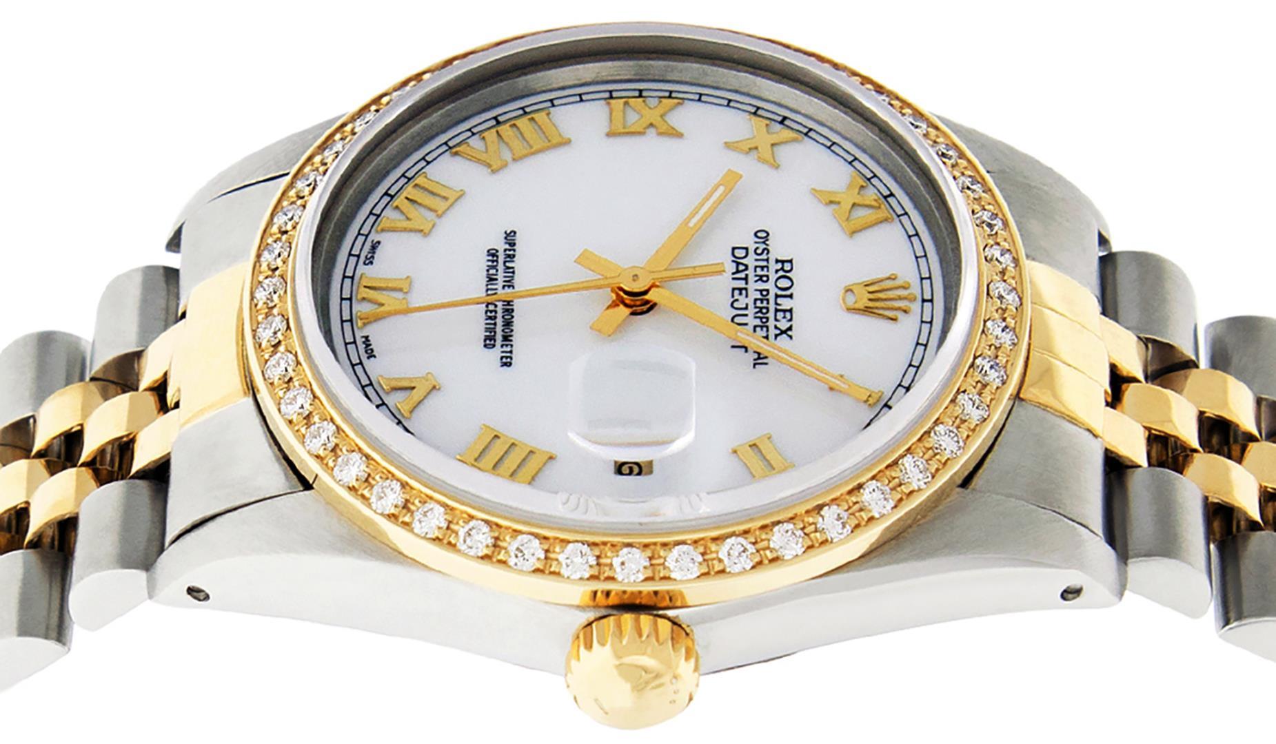 Rolex Mens Two Tone White Roman Diamond Datejust Wristwatch