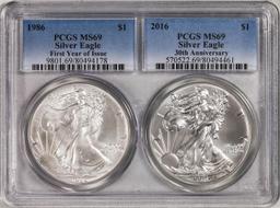 Lot of 1986 & 2016 $1 American Silver Eagle 30th Anniversary 2 Coin Set PCGS MS69