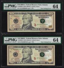 (2) Consec. 2004A $10 Federal Reserve Over Inking Error Notes PMG Ch. Uncirculated 64