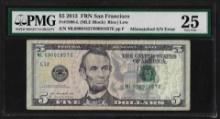 2013 $5 Federal Reserve Note Mismatched Serial Number Error Fr.1996-L PMG Very Fine 25