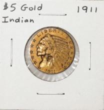 1911 $5 Indian Head Half Eagle Gold Coin