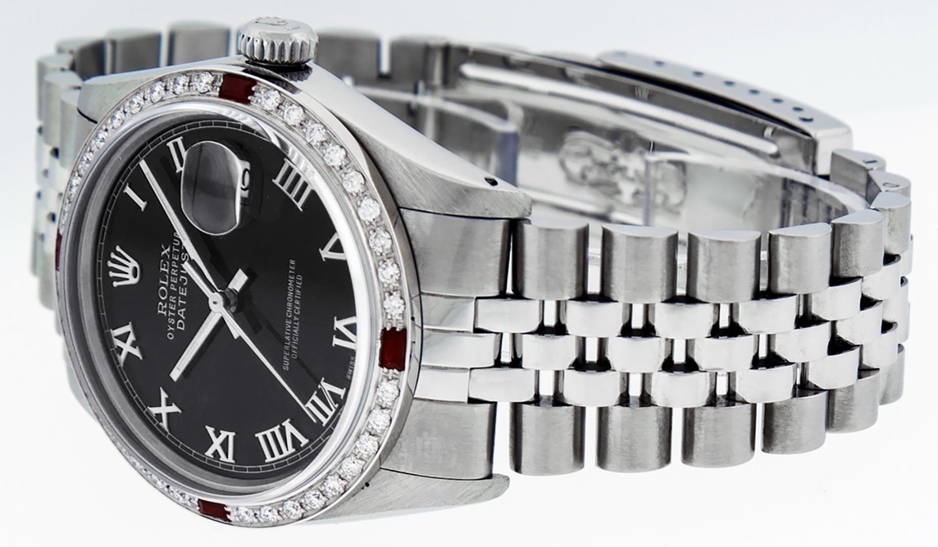 Rolex Mens Stainless Steel Black Roman Ruby and Diamond Datejust Wristwatch